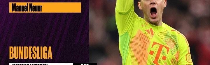 诺伊尔233次零封是德甲历史最多，354胜仅次穆勒、521场是门将第3